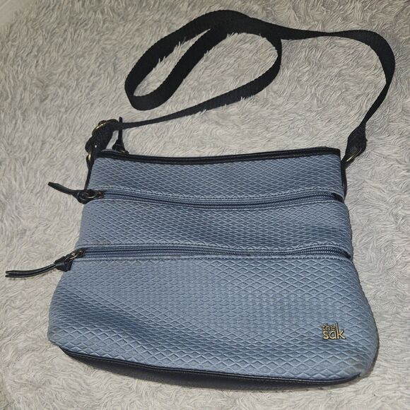 THE SAK Olvera Steal Blue Canvas Crossbody Bag Gray Blue Multi Pocket - Picture 3 of 16